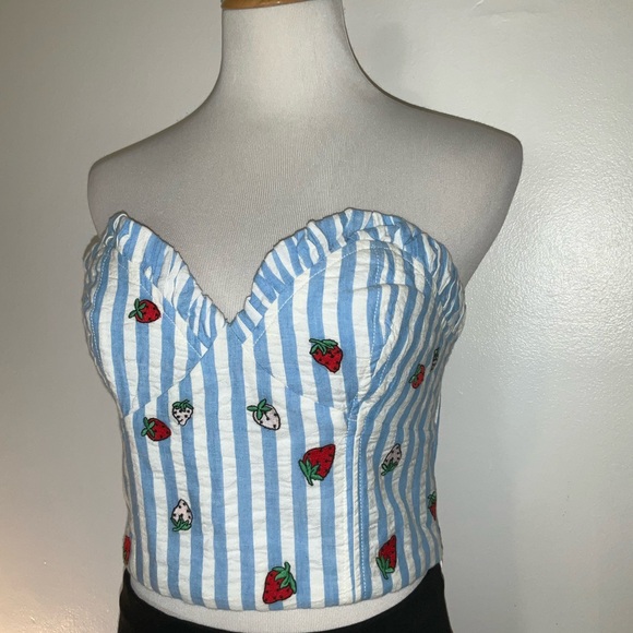 Anthropologie Blue and White Ruffled Bustier Crop Top - Picture 2 of 12